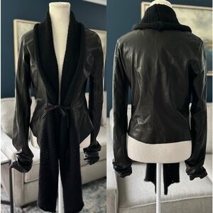 1020 by Nicole Leather Open Sweater Jacket with Cashmere Knit Shawl Collar, XS